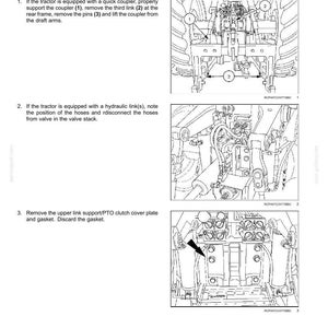 May include: Diagram of a tractor's Power Take-Off (PTO) clutch removal process. The image includes numbered steps with detailed illustrations of the components, including the coupler, links, and pins. Text instructions are also provided.