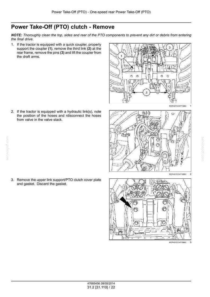 May include: Diagram of a tractor's Power Take-Off (PTO) clutch removal process. The image includes numbered steps with detailed illustrations of the components, including the coupler, links, and pins. Text instructions are also provided.