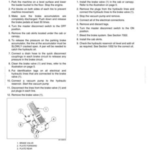Pode incluir: Diagrama de um conjunto de v&aacute;lvula de freio com componentes numerados e instru&ccedil;&otilde;es de instala&ccedil;&atilde;o. Inclui uma v&aacute;lvula de freio, placas, parafusos, parafusos, uma porca e uma correia. O texto detalha as etapas de remo&ccedil;&atilde;o e instala&ccedil;&atilde;o.