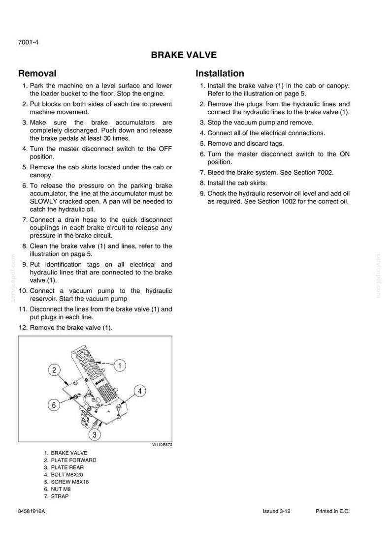 Pode incluir: Diagrama de um conjunto de v&aacute;lvula de freio com componentes numerados e instru&ccedil;&otilde;es de instala&ccedil;&atilde;o. Inclui uma v&aacute;lvula de freio, placas, parafusos, parafusos, uma porca e uma correia. O texto detalha as etapas de remo&ccedil;&atilde;o e instala&ccedil;&atilde;o.