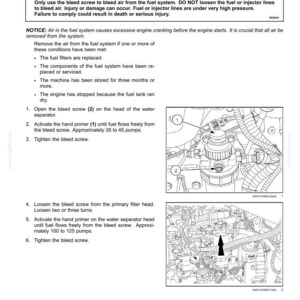 May include: A page from a maintenance manual detailing how to bleed air from a fuel system. The text includes warnings about high pressure and injury. Diagrams show the location of bleed screws and hand primers.