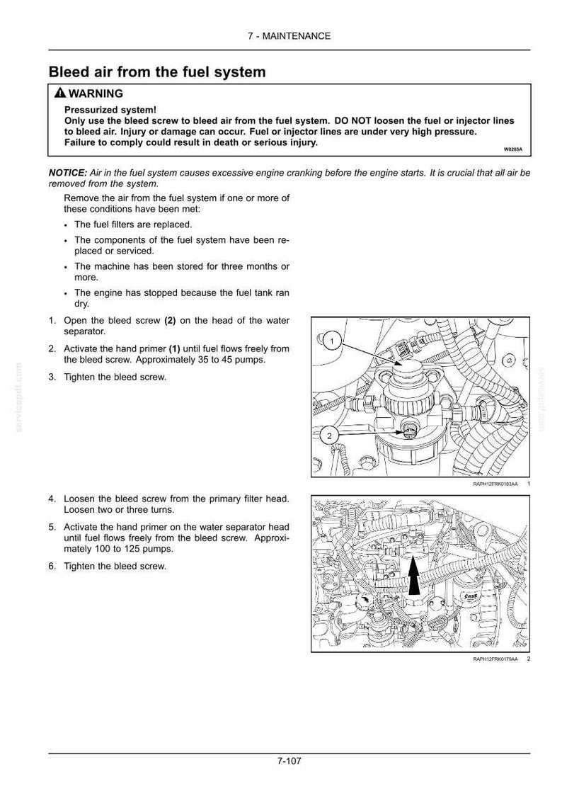 May include: A page from a maintenance manual detailing how to bleed air from a fuel system. The text includes warnings about high pressure and injury. Diagrams show the location of bleed screws and hand primers.