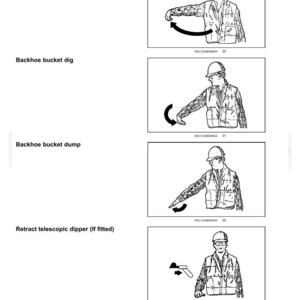 May include: Black and white diagrams illustrating safety hand signals for a backhoe. The images show a person in a hard hat and safety vest demonstrating movements such as "Backhoe dipper out" and "Retract telescopic dipper (If fitted)."