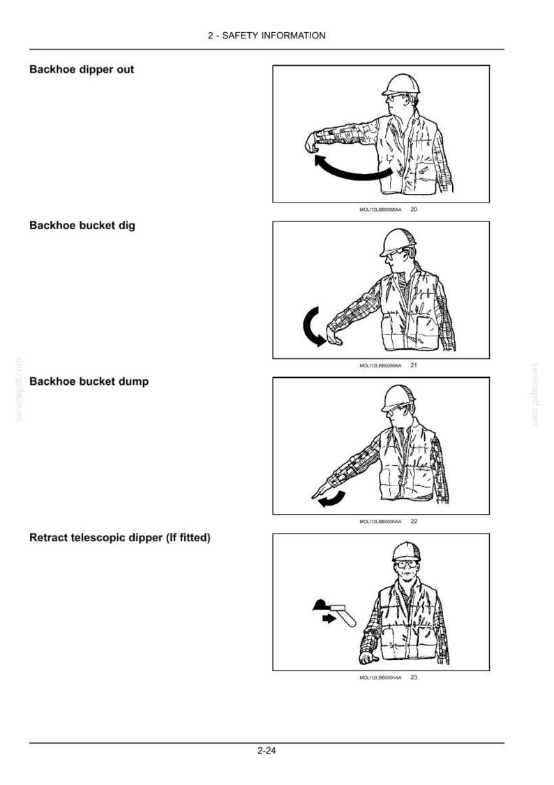 May include: Black and white diagrams illustrating safety hand signals for a backhoe. The images show a person in a hard hat and safety vest demonstrating movements such as "Backhoe dipper out" and "Retract telescopic dipper (If fitted)."
