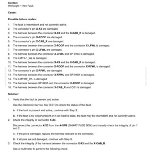 May include: A technical document titled "Electrical systems - FAULT CODES" with the title "518106-03 - WorkLight 1 Key Fault." The document details possible failure modes, solutions, and connector pin diagrams for a keypad and joystick control module.