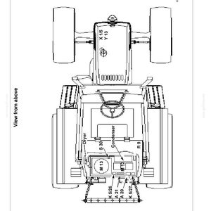 K&ouml;nnte beinhalten: Draufsicht-Diagramm eines Traktors mit Komponenten- und Steckbezeichnungen. Enth&auml;lt Etiketten f&uuml;r Trockner, Kondensator und verschiedene Stecker. Der Text "Ansicht von oben" befindet sich links.