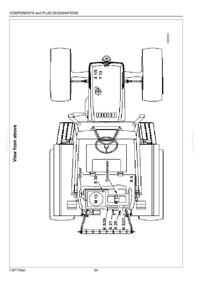 K&ouml;nnte beinhalten: Draufsicht-Diagramm eines Traktors mit Komponenten- und Steckbezeichnungen. Enth&auml;lt Etiketten f&uuml;r Trockner, Kondensator und verschiedene Stecker. Der Text "Ansicht von oben" befindet sich links.