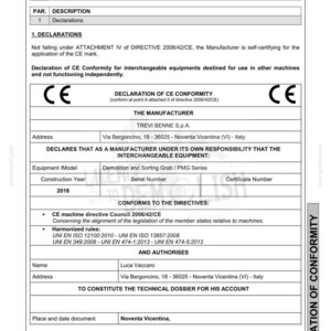 Puede incluir: Documento titulado "Declaraci&oacute;n de Conformidad" con la marca CE. El documento incluye detalles sobre el fabricante, Trevi Benne S.p.A., y el modelo del equipo: Demolition and Sorting Grab / PMG Series. El a&ntilde;o de construcci&oacute;n es 2018.