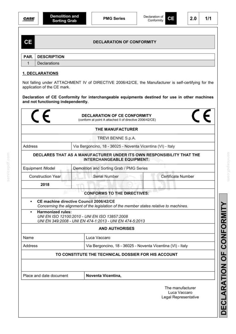 Puede incluir: Documento titulado "Declaraci&oacute;n de Conformidad" con la marca CE. El documento incluye detalles sobre el fabricante, Trevi Benne S.p.A., y el modelo del equipo: Demolition and Sorting Grab / PMG Series. El a&ntilde;o de construcci&oacute;n es 2018.