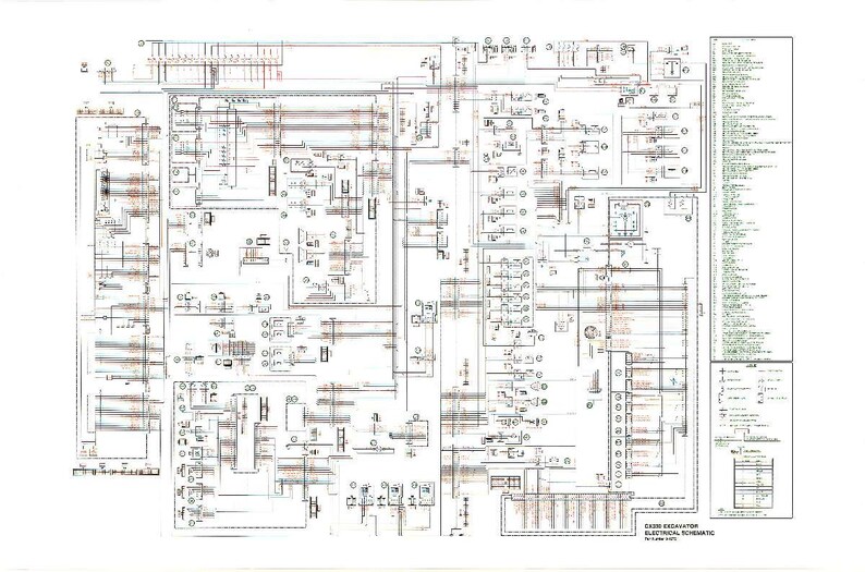 Op de afbeelding: Een gedetailleerd elektrisch schema voor een Case graafmachine. Het diagram is voornamelijk zwart-wit met enkele bruine en groene elementen. Het bevat talrijke lijnen, symbolen en tekstlabels, die een uitgebreid overzicht geven van het elektrische systeem van de graafmachine.