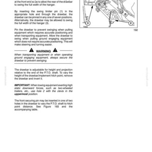 Puede incluir: Una p&aacute;gina de manual t&eacute;cnico titulada SECTION 3 - FIELD OPERATIONS, que detalla la barra de tiro oscilante tipo rodillo. Incluye instrucciones de texto, una advertencia y un dibujo lineal en blanco y negro de la Figura 192.