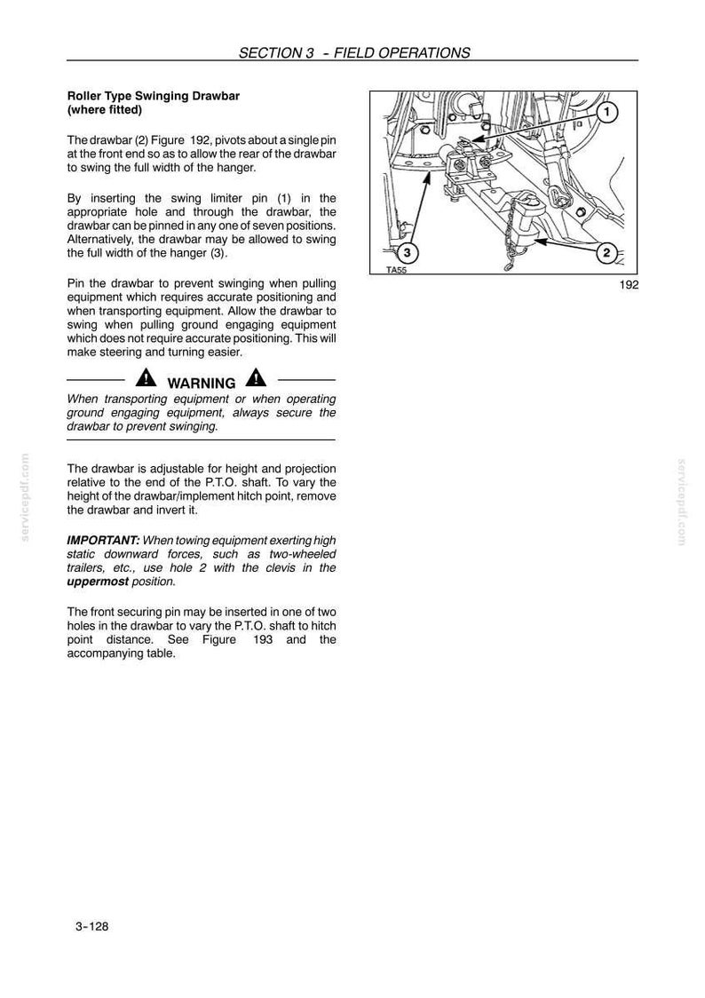 Puede incluir: Una p&aacute;gina de manual t&eacute;cnico titulada SECTION 3 - FIELD OPERATIONS, que detalla la barra de tiro oscilante tipo rodillo. Incluye instrucciones de texto, una advertencia y un dibujo lineal en blanco y negro de la Figura 192.