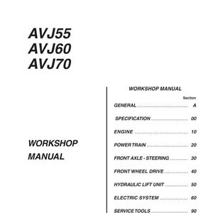 May include: A white workshop manual with the Case IH logo at the top. The manual includes sections on the engine, power train, and hydraulic lift unit for AVJ55, AVJ60, and AVJ70 models.