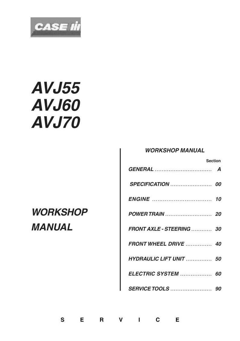 May include: A white workshop manual with the Case IH logo at the top. The manual includes sections on the engine, power train, and hydraulic lift unit for AVJ55, AVJ60, and AVJ70 models.