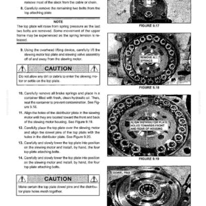 May include: A technical manual page titled Section IX - SPECIAL PROCEDURES, featuring numbered instructions for removing and installing a slewing motor top plate, accompanied by four black and white photographs labeled Figure 9.17 through 9.20.