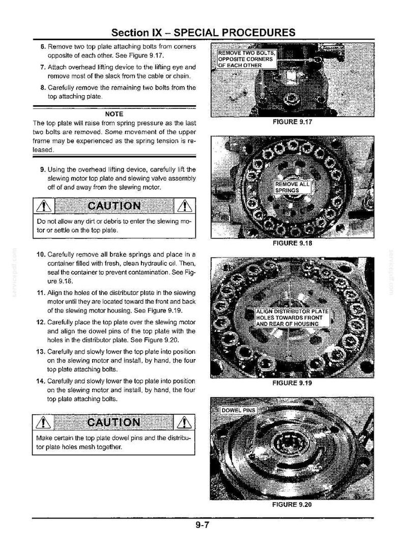 May include: A technical manual page titled Section IX - SPECIAL PROCEDURES, featuring numbered instructions for removing and installing a slewing motor top plate, accompanied by four black and white photographs labeled Figure 9.17 through 9.20.