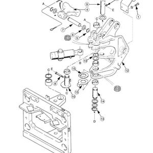 May include: An exploded diagram of mechanical components, rendered in black and white. The image features various parts, including pins, bushings, and brackets, labeled with numbers and letters. The diagram is a technical illustration, likely for assembly or repair.