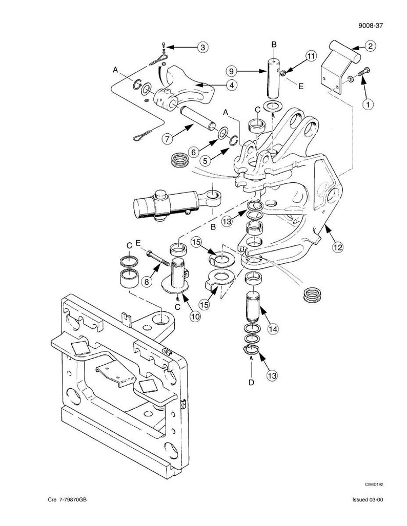 May include: An exploded diagram of mechanical components, rendered in black and white. The image features various parts, including pins, bushings, and brackets, labeled with numbers and letters. The diagram is a technical illustration, likely for assembly or repair.