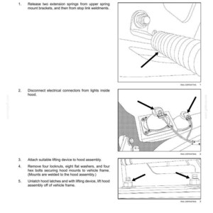 Pu&ograve; includere: Diagramma dei passaggi per la rimozione del cofano motore. Include istruzioni per rilasciare le molle, scollegare i connettori elettrici, fissare un dispositivo di sollevamento, rimuovere dadi e bulloni e sbloccare il cofano.