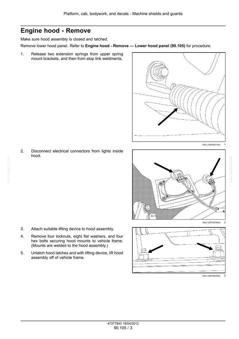 Pu&ograve; includere: Diagramma dei passaggi per la rimozione del cofano motore. Include istruzioni per rilasciare le molle, scollegare i connettori elettrici, fissare un dispositivo di sollevamento, rimuovere dadi e bulloni e sbloccare il cofano.