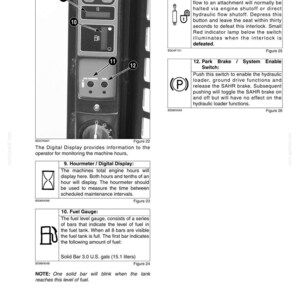 May include: A detailed diagram of a machine's instrument panel, including a digital display, fuel gauge, and various control switches. The fuel gauge shows 3.0 U.S. gals (11.4 liters).