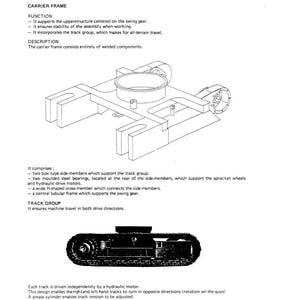 May include: Technical diagram of a carrier frame, a component of heavy machinery. The diagram shows the frame's structure, including side members, bearings, and a central tubular frame. Text includes "CARRIER FRAME" and technical details.