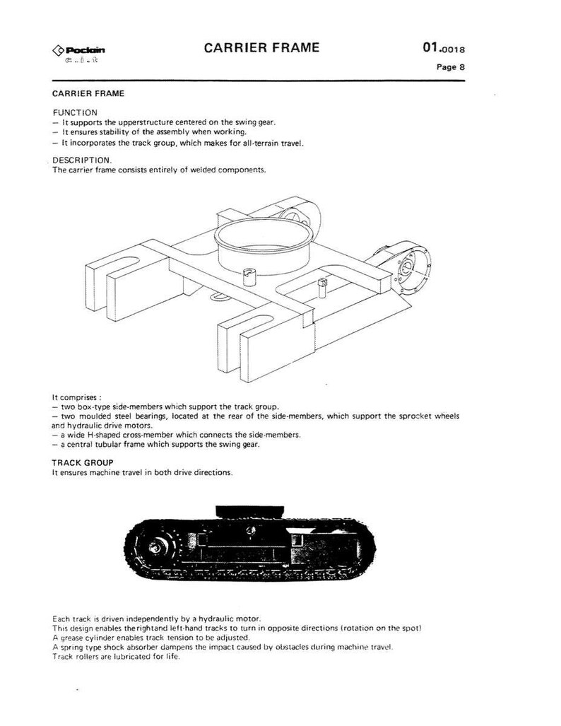 May include: Technical diagram of a carrier frame, a component of heavy machinery. The diagram shows the frame's structure, including side members, bearings, and a central tubular frame. Text includes "CARRIER FRAME" and technical details.