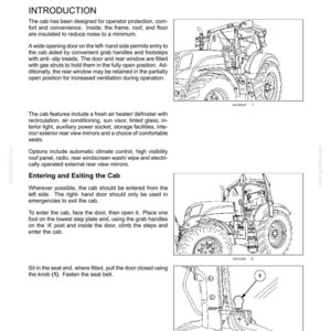 May include: A technical manual page titled 3-CONTROLS/INSTRUMENTS ACCESS TO OPERATOR'S PLATFORM featuring text instructions and three black and white line drawings of a tractor cab, including a detail view of a door knob labeled with the number 1.