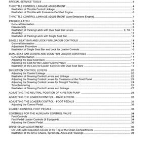 May include: A black and white document titled "TABLE OF CONTENTS" with a list of topics and page numbers. Topics include throttle control, parking latch, and loader controls. The document is printed in the USA.