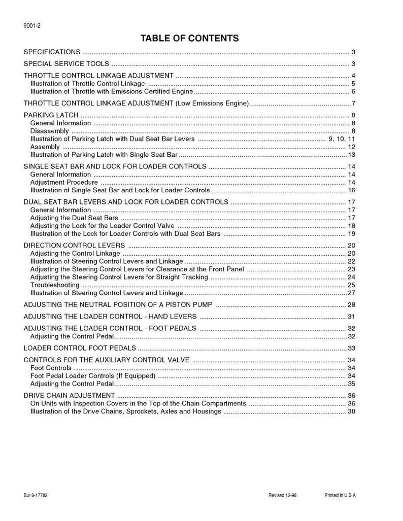 May include: A black and white document titled "TABLE OF CONTENTS" with a list of topics and page numbers. Topics include throttle control, parking latch, and loader controls. The document is printed in the USA.