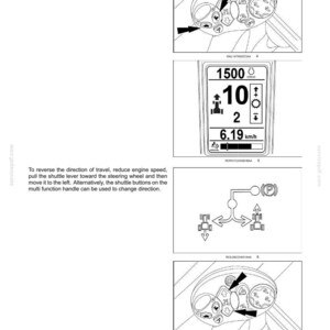 May include: A technical manual page titled 4 - OPERATING INSTRUCTIONS featuring black and white line drawings of a tractor control interface, a digital display showing 1500 r/min and 10th gear, and a directional movement diagram with a parking symbol.