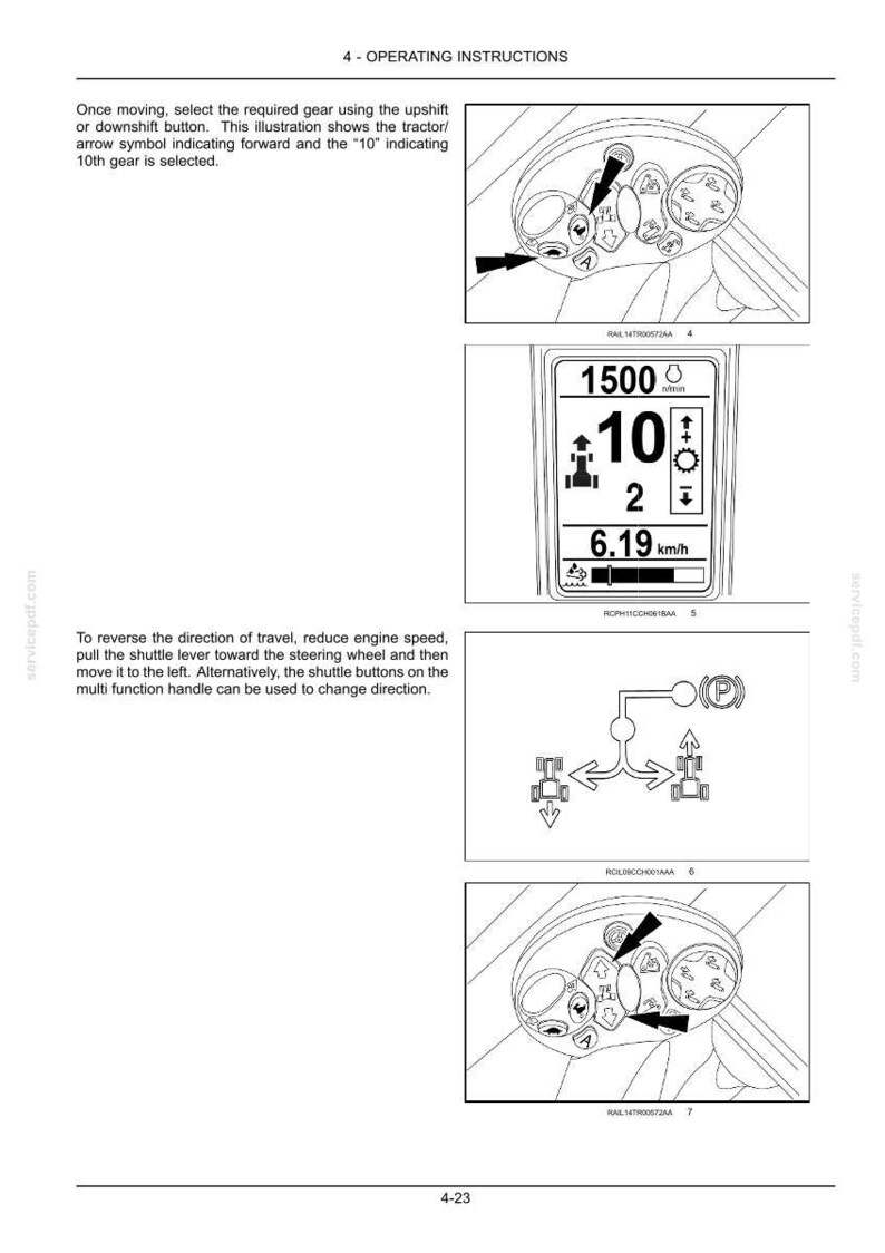 May include: A technical manual page titled 4 - OPERATING INSTRUCTIONS featuring black and white line drawings of a tractor control interface, a digital display showing 1500 r/min and 10th gear, and a directional movement diagram with a parking symbol.