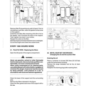 May include: A technical manual page titled D350, page 73, featuring black and white line drawings of engine maintenance procedures. It includes diagrams for replacing filters and changing oil, with text instructions for 500 and 1000 hours of work.
