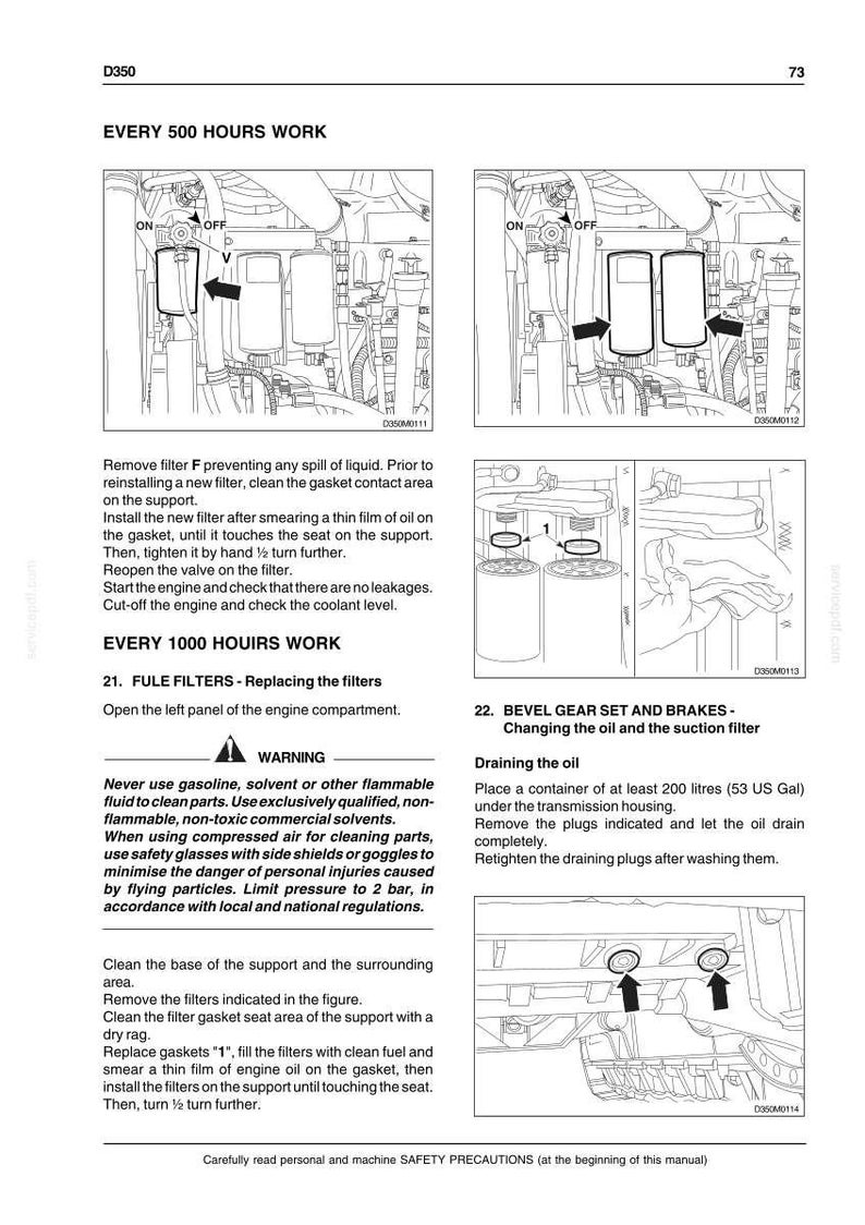 May include: A technical manual page titled D350, page 73, featuring black and white line drawings of engine maintenance procedures. It includes diagrams for replacing filters and changing oil, with text instructions for 500 and 1000 hours of work.