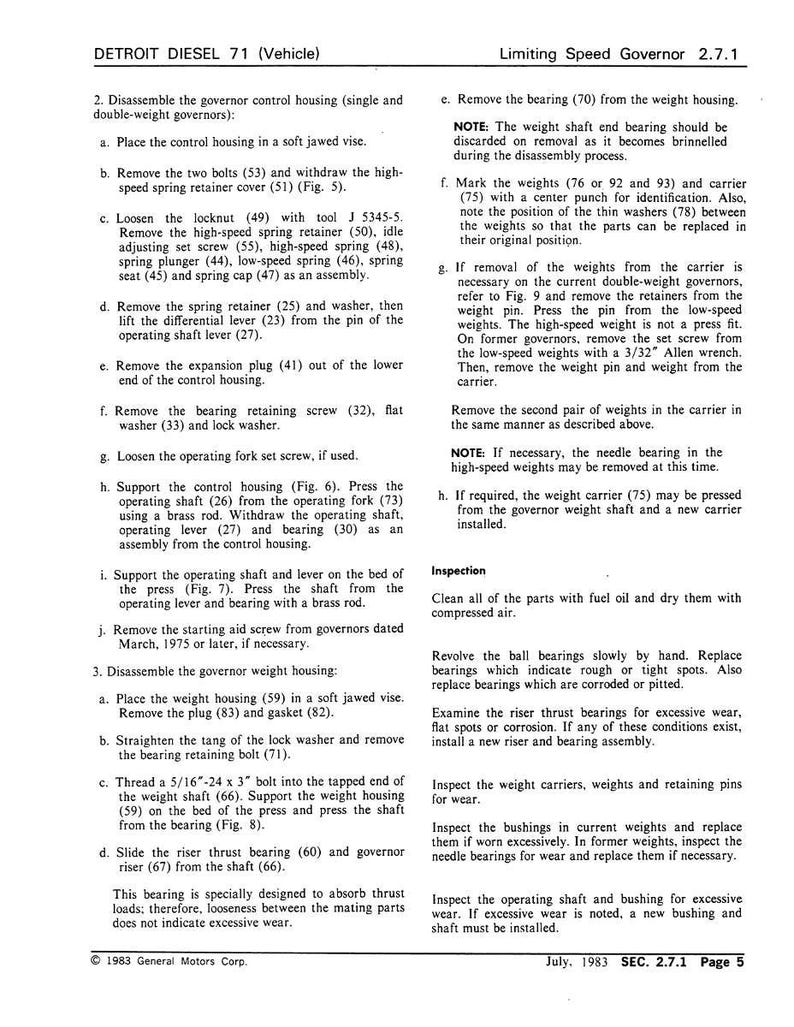 May include: A page from a Detroit Diesel 71 (Vehicle) manual, dated July 1983, detailing the Limiting Speed Governor. The text provides instructions for disassembly and inspection of components like bearings and weights. Measurements are in inches.