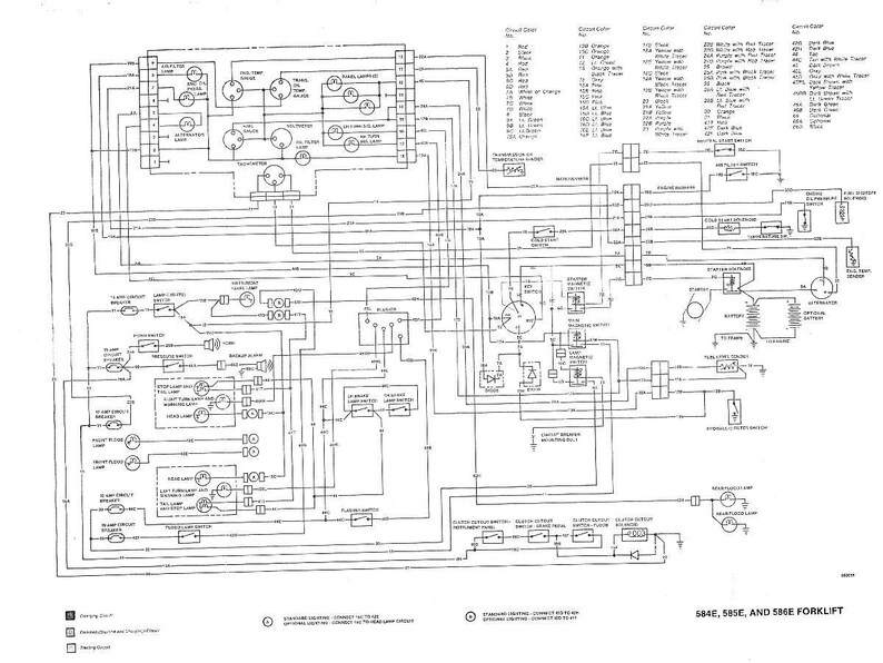 May include: A black and white electrical schematic for a 584E, 585E, and 586E forklift. The diagram illustrates circuits, components, and wiring connections. Text labels and symbols are used to identify each part of the system.