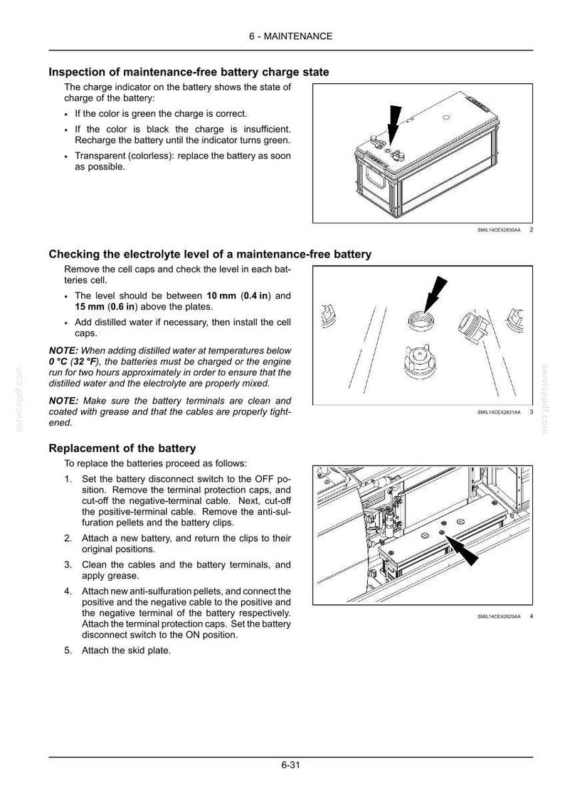 May include: A page from a maintenance manual detailing inspection, electrolyte level checks, and battery replacement procedures for a maintenance-free battery. The text includes instructions and diagrams for automotive maintenance.