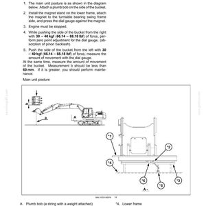 May include: Diagram of hydraulic system measurement procedures. Includes illustrations of a plumb bob, swing frame, dial gauge, and other components. Text provides instructions for left direction measurement, including force and measurement parameters.
