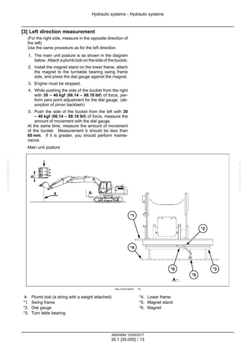 May include: Diagram of hydraulic system measurement procedures. Includes illustrations of a plumb bob, swing frame, dial gauge, and other components. Text provides instructions for left direction measurement, including force and measurement parameters.