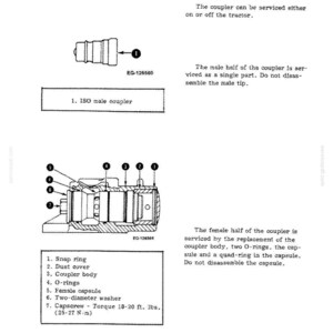 May include: Diagram of an ISO male coupler and its components, including a snap ring, dust cover, coupler body, O-rings, female capsule, two-diameter washer, and capscrew. The text indicates torque specifications.