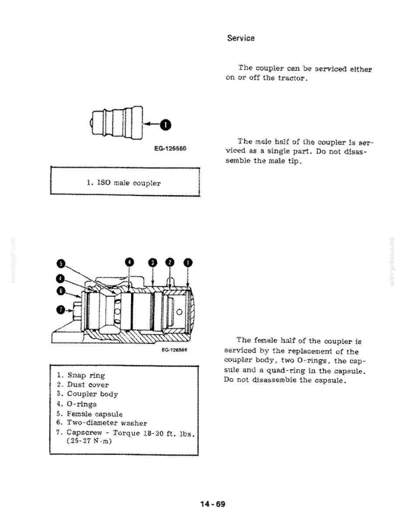 May include: Diagram of an ISO male coupler and its components, including a snap ring, dust cover, coupler body, O-rings, female capsule, two-diameter washer, and capscrew. The text indicates torque specifications.