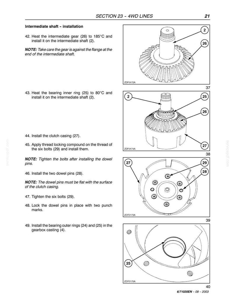 May include: Diagram of intermediate shaft installation with labeled parts, including gears, bearings, and bolts. The text reads "SECTION 23 - 4WD LINES" and provides instructions for assembly. The image is a technical illustration.