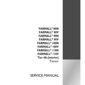 May include: A white service manual with the text "FARMALL" and model numbers, including 80N, 80V, 90N, 90V, 100N, 100V, 110N, and 110V. The manual also includes "Tier 4A (interim) Tractor" and "SERVICE MANUAL". The Case IH Agriculture logo is visible.