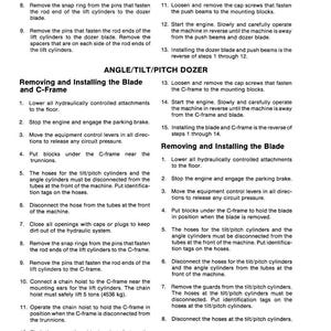 May include: Page from a manual titled "ANGLE/TILT/PITCH DOZER" with instructions for removing and installing the blade and C-frame. The text includes numbered steps and diagrams for the procedure.