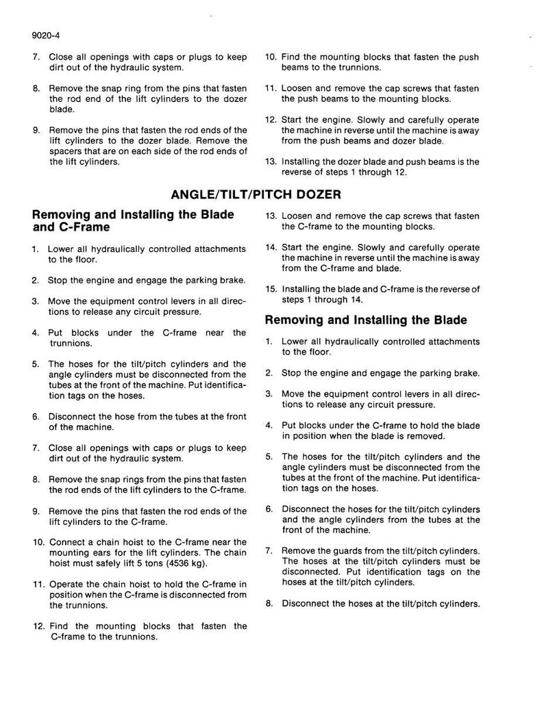 May include: Page from a manual titled "ANGLE/TILT/PITCH DOZER" with instructions for removing and installing the blade and C-frame. The text includes numbered steps and diagrams for the procedure.