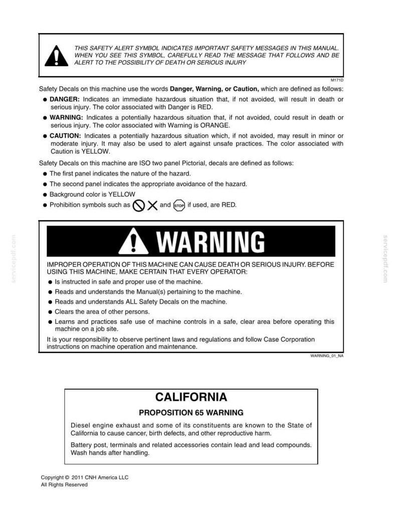 May include: A safety manual page with warnings about machine operation. It includes definitions for Danger, Warning, and Caution, with associated colors. The page also features a California Proposition 65 warning about diesel exhaust and reproductive harm.