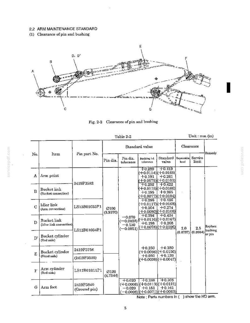 May include: A technical diagram labeled 2.2 ARM MAINTENANCE STANDARD showing the clearance of pin and bushing for a mechanical arm. The image includes a line drawing of the arm assembly with points A through G and a detailed table with values.