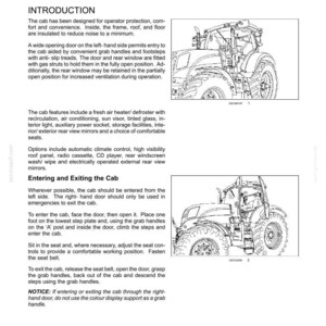 Puede incluir: Una p&aacute;gina de manual t&eacute;cnico titulada 3 - CONTROLS/INSTRUMENTS, que presenta instrucciones de texto para acceder a una plataforma de operador y dos dibujos lineales en blanco y negro de un tractor, ilustrando la cabina, la puerta y los escalones.