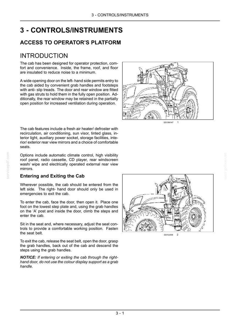 Puede incluir: Una p&aacute;gina de manual t&eacute;cnico titulada 3 - CONTROLS/INSTRUMENTS, que presenta instrucciones de texto para acceder a una plataforma de operador y dos dibujos lineales en blanco y negro de un tractor, ilustrando la cabina, la puerta y los escalones.