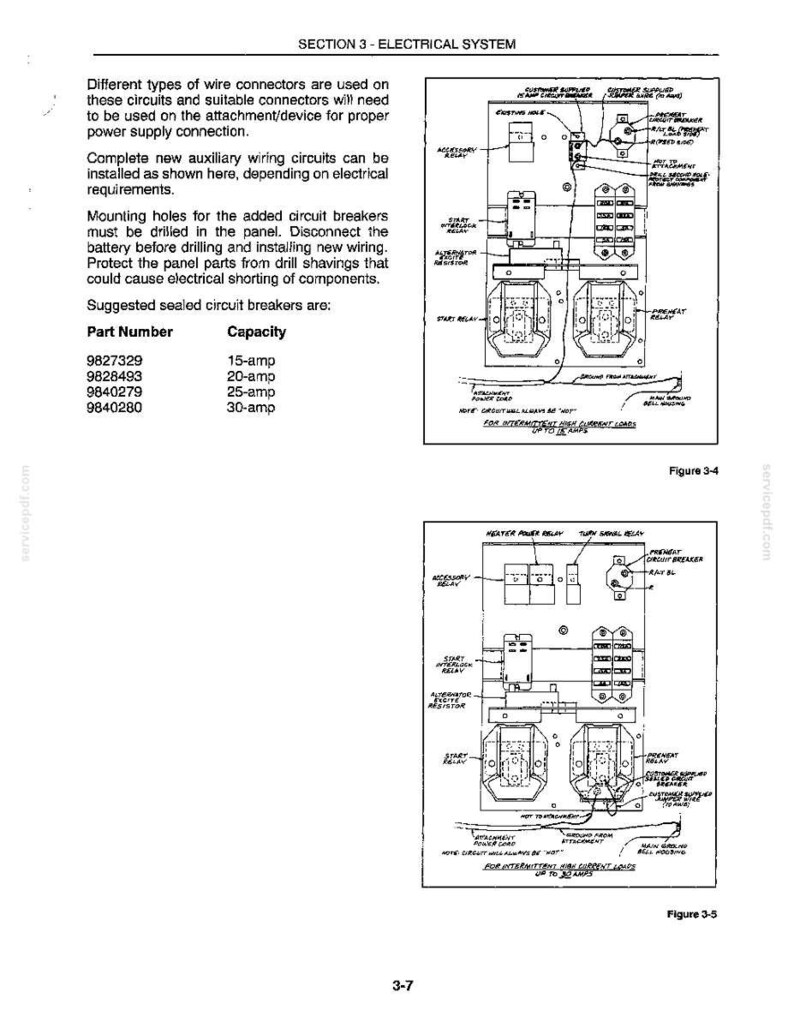 Peut inclure: Une page de manuel technique intitul&eacute;e Section 3 - Electrical System, pr&eacute;sentant deux sch&eacute;mas &eacute;tiquet&eacute;s Figure 3-4 et Figure 3-5. Le texte fournit des instructions pour l'installation de circuits de c&acirc;blage auxiliaires et liste des r&eacute;f&eacute;rences de disjoncteurs.
